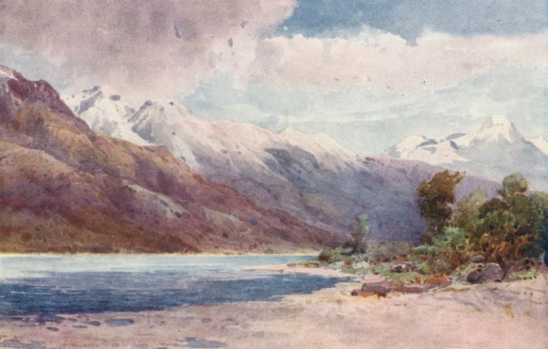 New Zealand: At the Head of Lake Wakatipu (farvelitografi) af Frank H Wright