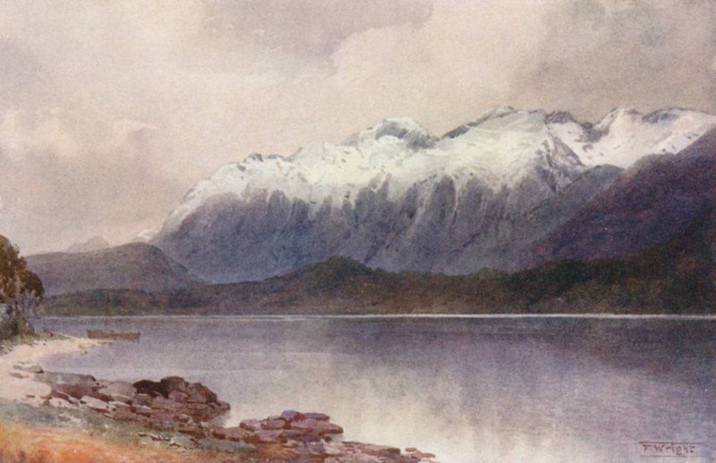 New Zealand: Cathedral Peaks (farvelitografi) af Frank H Wright