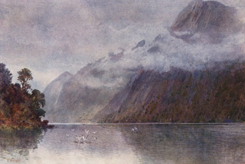 New Zealand: I Milford Sound (farvelitografi) af Frank H Wright