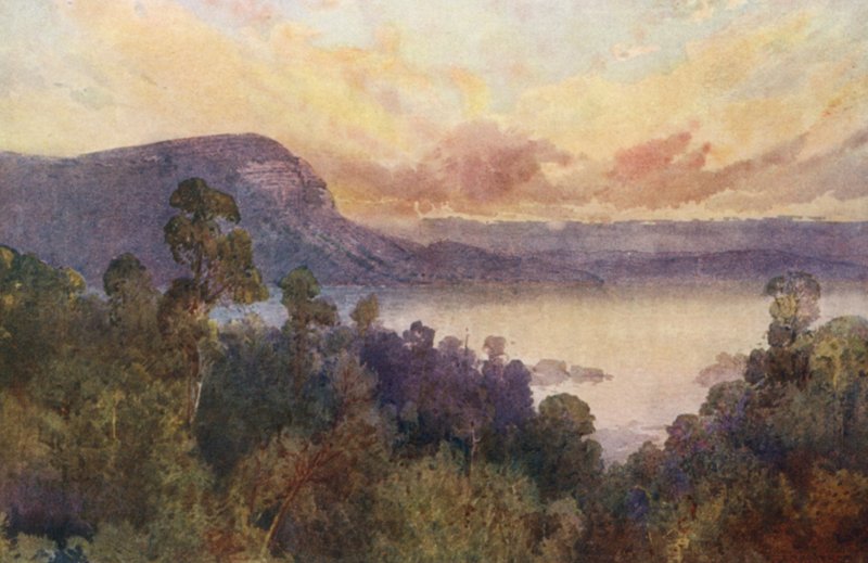 New Zealand: Lake Waikare-Moana (farvelitografi) af Frank H Wright