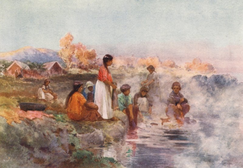New Zealand: Maori-vaskedag, Ohinemutu (farvelitografi) af Frank H Wright