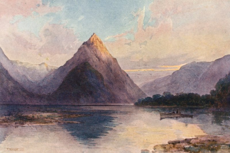 New Zealand: Mitre Peak (farvelitografi) af Frank H Wright