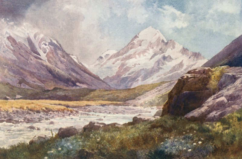 New Zealand: Mount Cook (farvelitografi) af Frank H Wright
