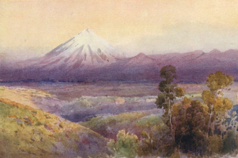 New Zealand: Mount Egmont (farvelitografi) af Frank H Wright