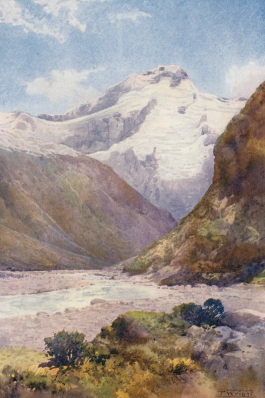 New Zealand: Mount Sefton (farvelitografi) af Frank H Wright