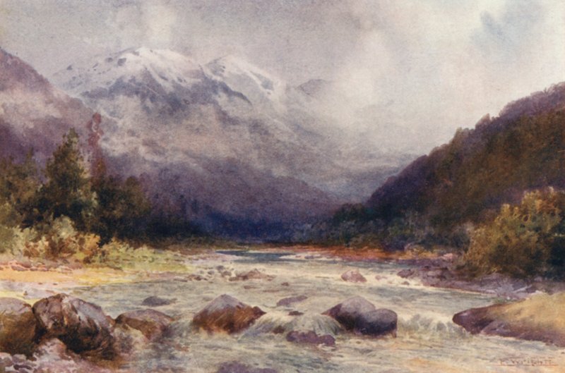 New Zealand: On the Bealey River (farvelitografi) af Frank H Wright
