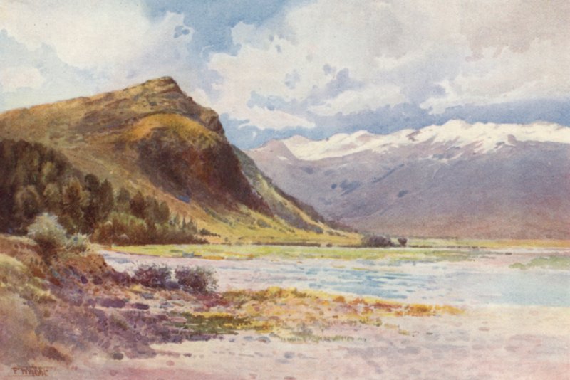 New Zealand: "Paradise", Lake Wakatipu (farvelitografi) af Frank H Wright