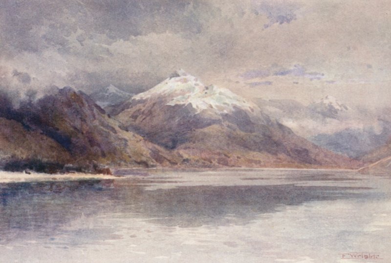 New Zealand: The Cecil and Walter Peaks (farvelitografi) af Frank H Wright