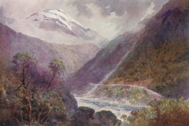 New Zealand: Otira-kløften (farvelitografi) af Frank H Wright