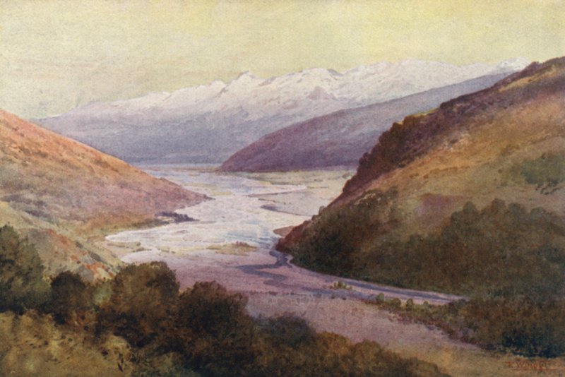 New Zealand: Rees Valley og Richardson Range (farvelitografi) af Frank H Wright