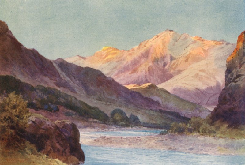 New Zealand: Wairau-kløften (farvelitografi) af Frank H Wright