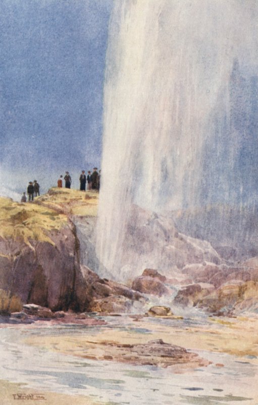 New Zealand: Wairoa Geyser (farvelitografi) af Frank H Wright