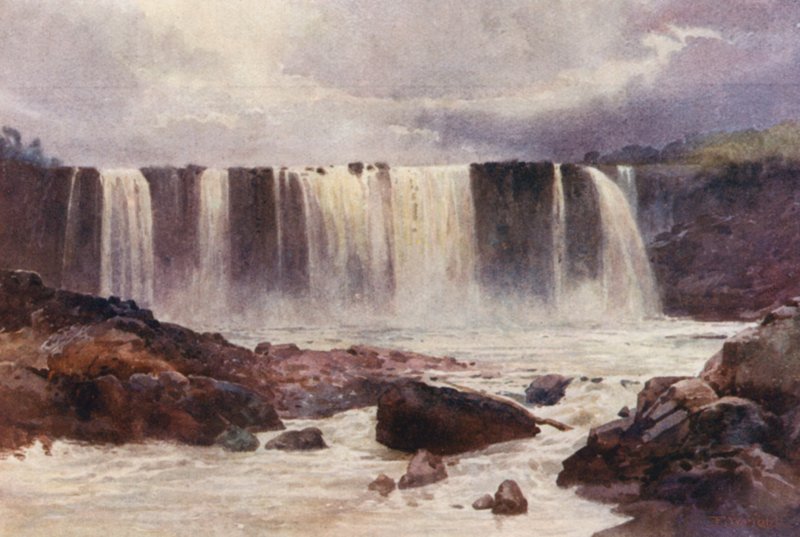 New Zealand: Wairua Falls (farvelitografi) af Frank H Wright