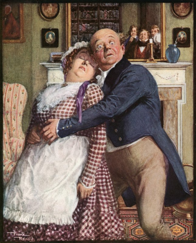 Mr. Pickwick gennemgår en vanskelig oplevelse (farvelitografi) af Frank Reynolds