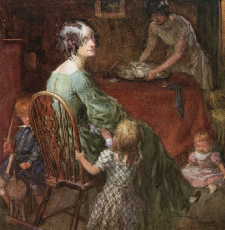 Fru Micawber og familie (farvelitografi) af Frank Reynolds