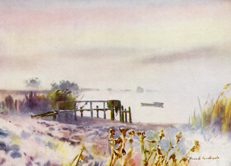 Norfolk Broads: Frosty Sunrise på Ormesby Broad (farve litho) af Frank Southgate