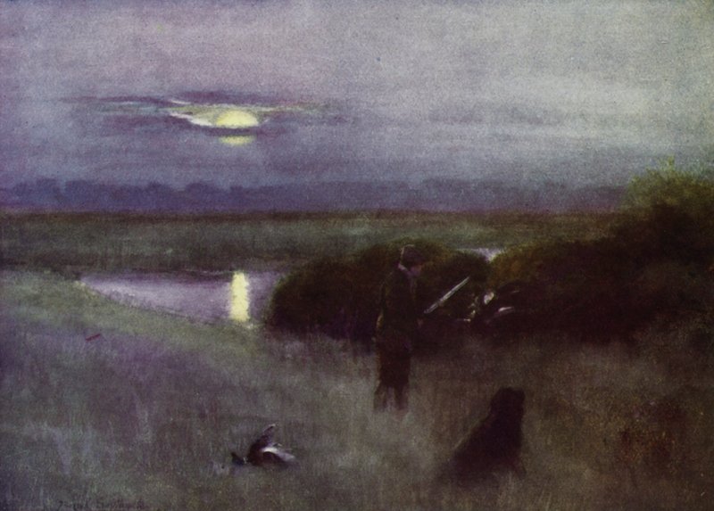 Norfolk Broads: Moonrise, at Flight (farve litho) af Frank Southgate