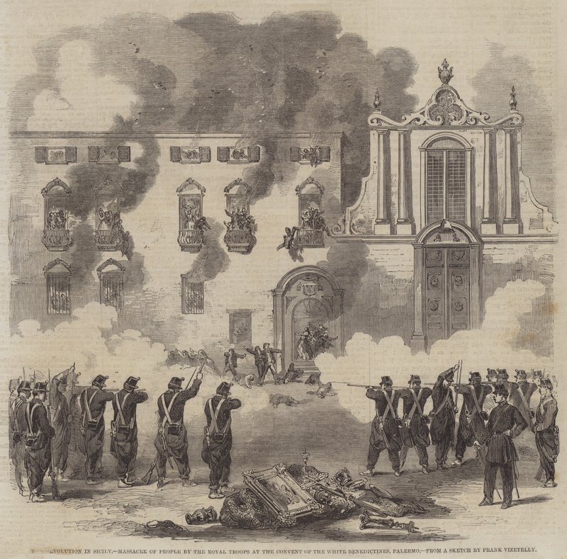Revolutionen på Sicilien, massakre på mennesker af de kongelige tropper ved de hvide benediktinerkloster, Palermo af Frank Vizetelly