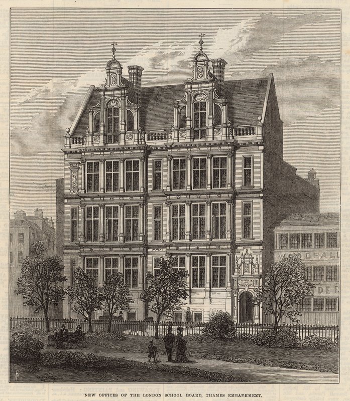 Nye kontorer for London School Board, Thames Embankment (gravering) af Frank Watkins
