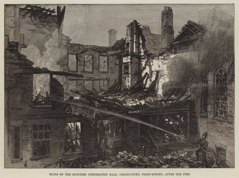 Ruinerne af Scottish Corporation Hall, Crane-Court, Fleet-Street, efter branden af Frank Watkins
