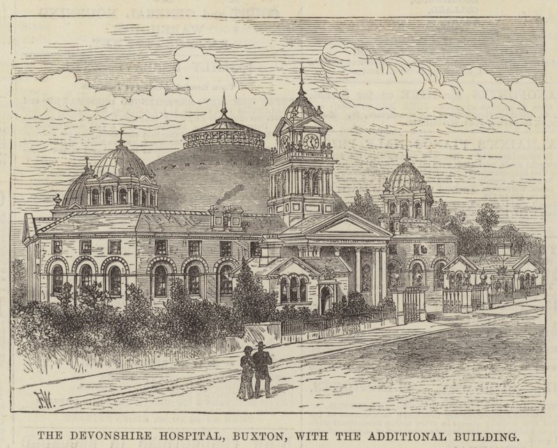 Devonshire Hospital, Buxton, med den supplerende bygning af Frank Watkins