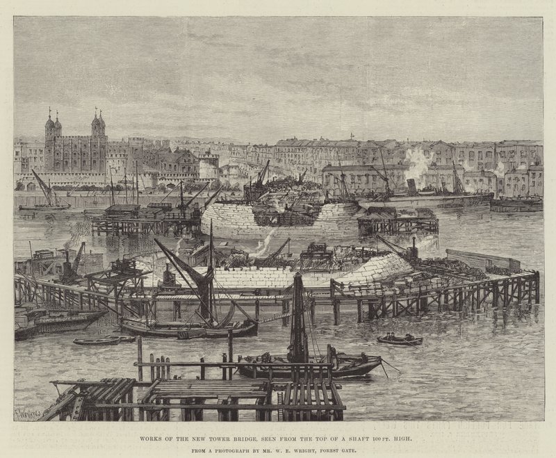 Arbejdet på den nye Tower Bridge, set fra toppen af en 100 fod høj skakt af Frank Watkins