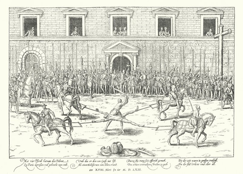 Henrettelse af Jean de Poltrot for mordet på Frans, hertug af Guise, Paris, 1563 af Franz Hogenberg