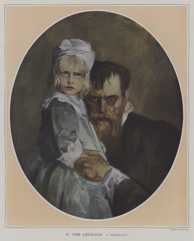 Selvportræt med datter (farve litho) af Franz Seraph von (after) Lenbach