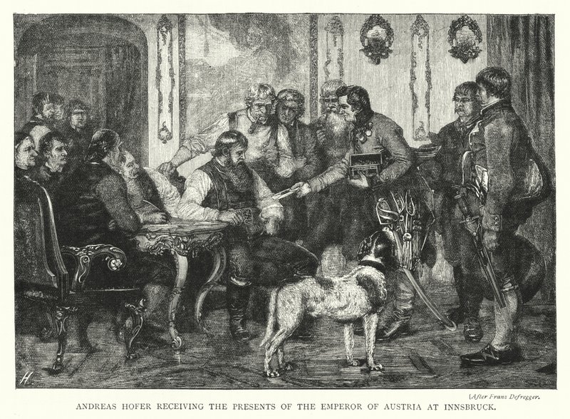 Andreas Hofer modtager gaverne fra kejseren af Østrig i Innsbruck (gravering) af Franz von (after) Defregger
