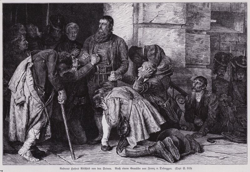 Andreas Hofer, leder af det tyrolske oprør mod fransk og bayersk besættelse, siger farvel til sine tilhængere, inden han blev ført til Mantua for sin henrettelse af Franz von (after) Defregger