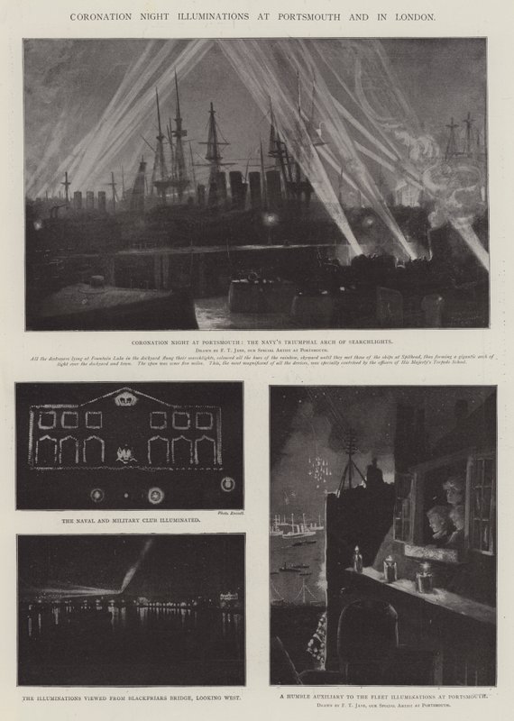 Coronation Night Illuminations i Portsmouth og i London af Fred T. Jane