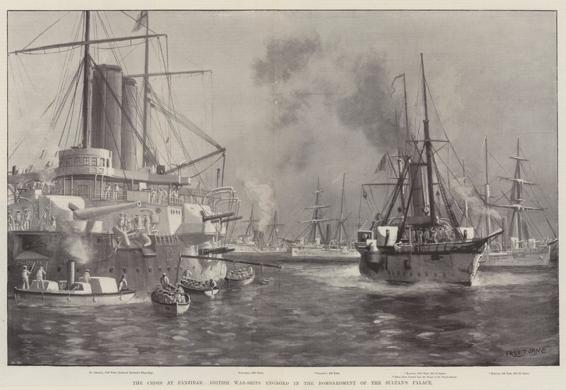 Krisen på Zanzibar, britiske krigsskibe, der bombarderer sultanens palads af Fred T. Jane