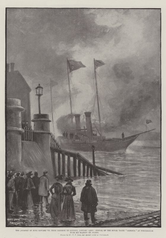 The Journey of King Edward VII fra Osborne til London, 23. januar, Ankomst af Royal Yacht Alberta til Portsmouth med Hans Majestæt ombord af Fred T. Jane