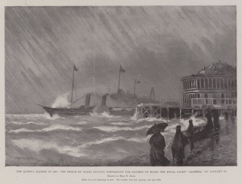 Dronningens sygdom i 1901, Prinsen af Wales forlader Portsmouth til Osborne om bord på Royal Yacht Alberta, den 19. januar af Fred T. Jane