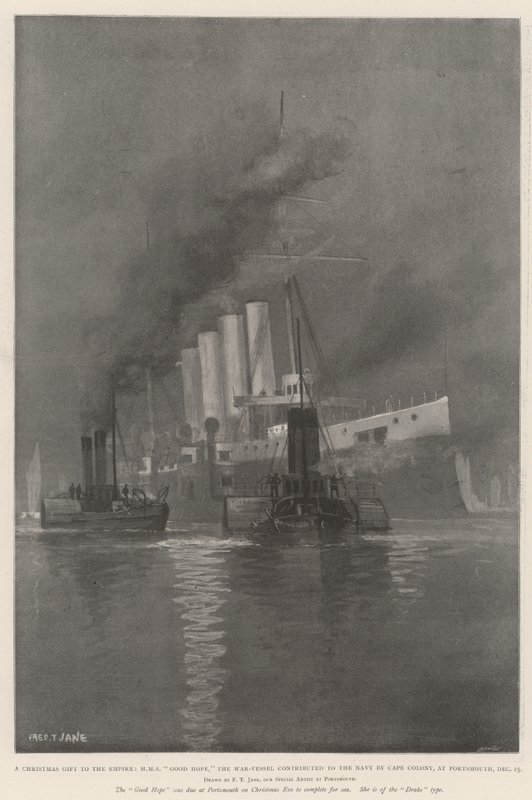 En julegave til imperiet, HMS Good Hope, krigsfartøjet bidrog til flåden ved Cape Colony, i Portsmouth, 25. december af Fred T. Jane