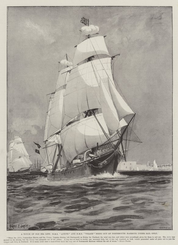 Et strejf af gammelt søliv, HMS Active og HMS Volage på vej ud af havnen i Portsmouth, kun med sejl af Fred T. Jane