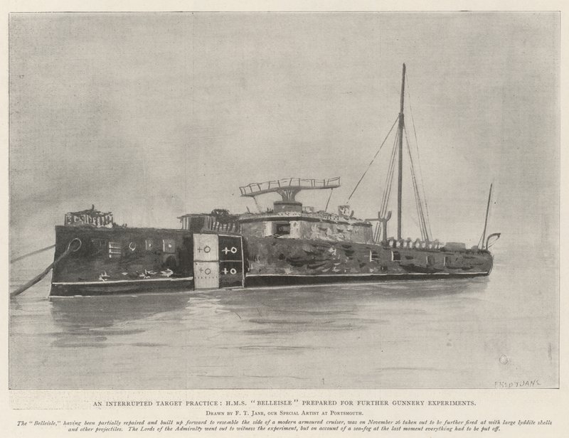 En afbrudt måløvelse, HMS Belleisle forberedt til yderligere kanoneksperimenter af Fred T. Jane