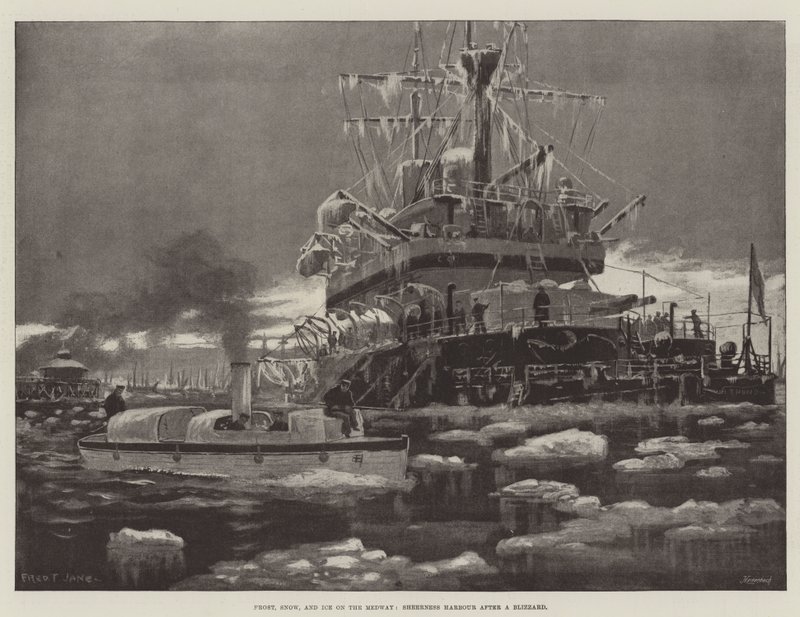 Frost, sne og is på Medway, Sheerness Harbor efter en snestorm af Fred T. Jane