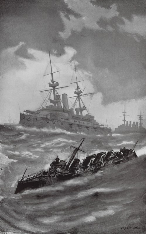 HMS Mars, Terrible og Dragon på krydstogt i Den Engelske Kanal (litografi) af Fred T. Jane