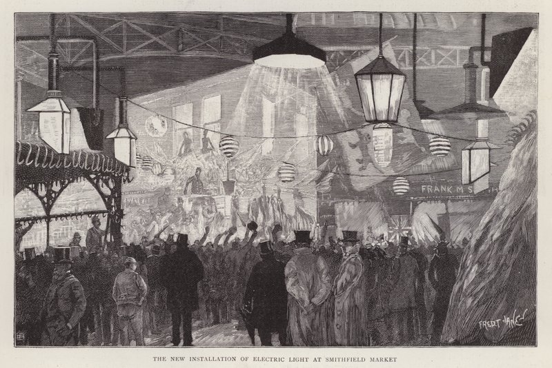 Ny installation af elektrisk lys på Smithfield Market, London af Fred T. Jane