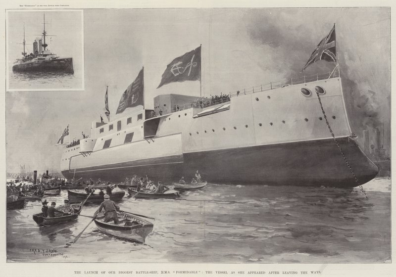 Lanceringen af vores største slagskib, HMS Formidable, fartøjet, som hun dukkede op efter at have forladt Ways af Fred T. Jane