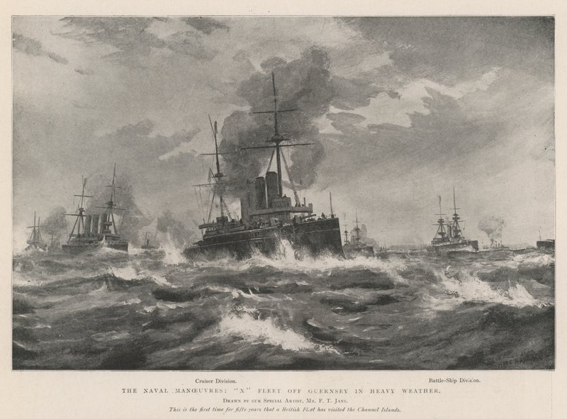 Flådemanøvrerne, X Fleet ud for Guernsey i hårdt vejr af Fred T. Jane