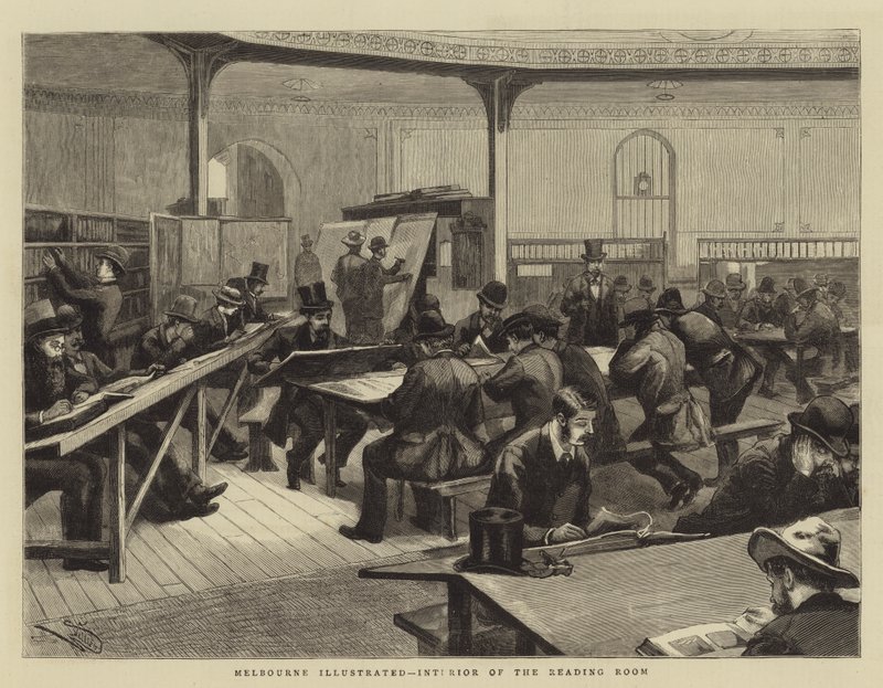 Melbourne Illustrated, interiør af læsesalen af Frederic Villiers