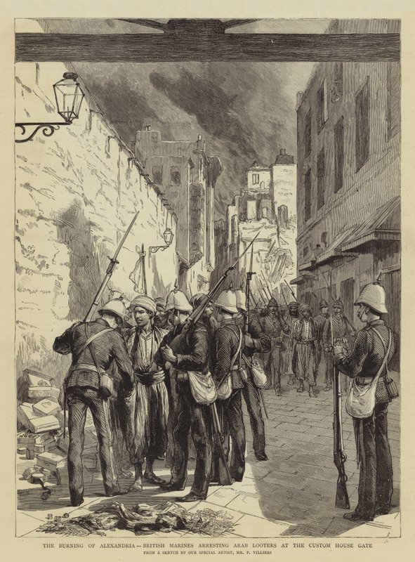 Afbrændingen af Alexandria, britiske marinesoldater arresterer arabiske plyndrere ved Custom House Gate af Frederic Villiers