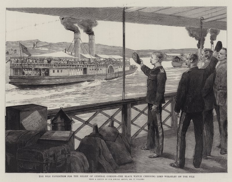 Nile-ekspeditionen til nødhjælp for general Gordon, Black Watch hepper Lord Wolseley på Nilen af Frederic Villiers