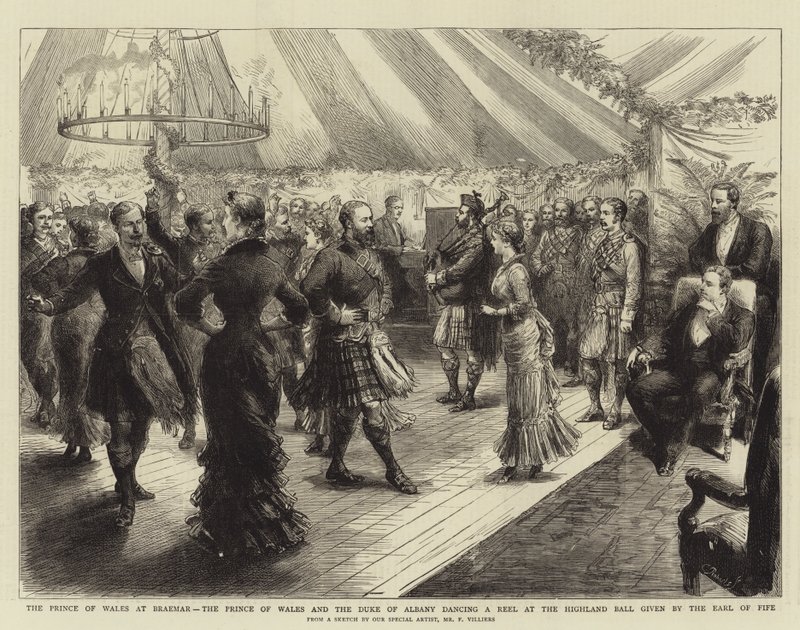 Prinsen af Wales i Braemar, Prinsen af Wales og hertugen af Albany danser en rulle ved Highland Ball givet af Earl of Fife af Frederic Villiers