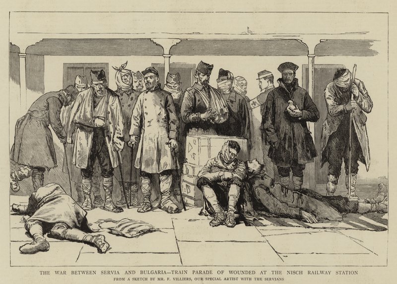 Krigen mellem Serbien og Bulgarien, togparade af sårede på Nisch Railway Station af Frederic Villiers