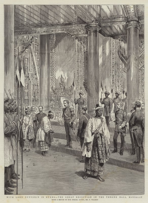 Med Lord Dufferin i Burma, den store reception i tronsalen, Mandalay af Frederic Villiers