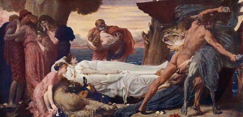 Hercules kæmper med døden om Alcestis lig (farve litho) af Frederic (after) Leighton