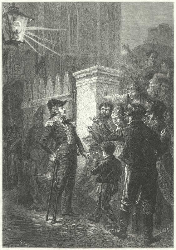 General Daumesnil konfronterer den parisiske pøbel uden for Chateau de Vincennes under den franske revolution i 1830 (gravering) af Frederic Theodore (after) Lix